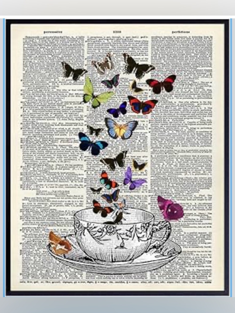 Vintage Dictionary Tea Cup Art Print with Colorful Butterflies Framed 8x10